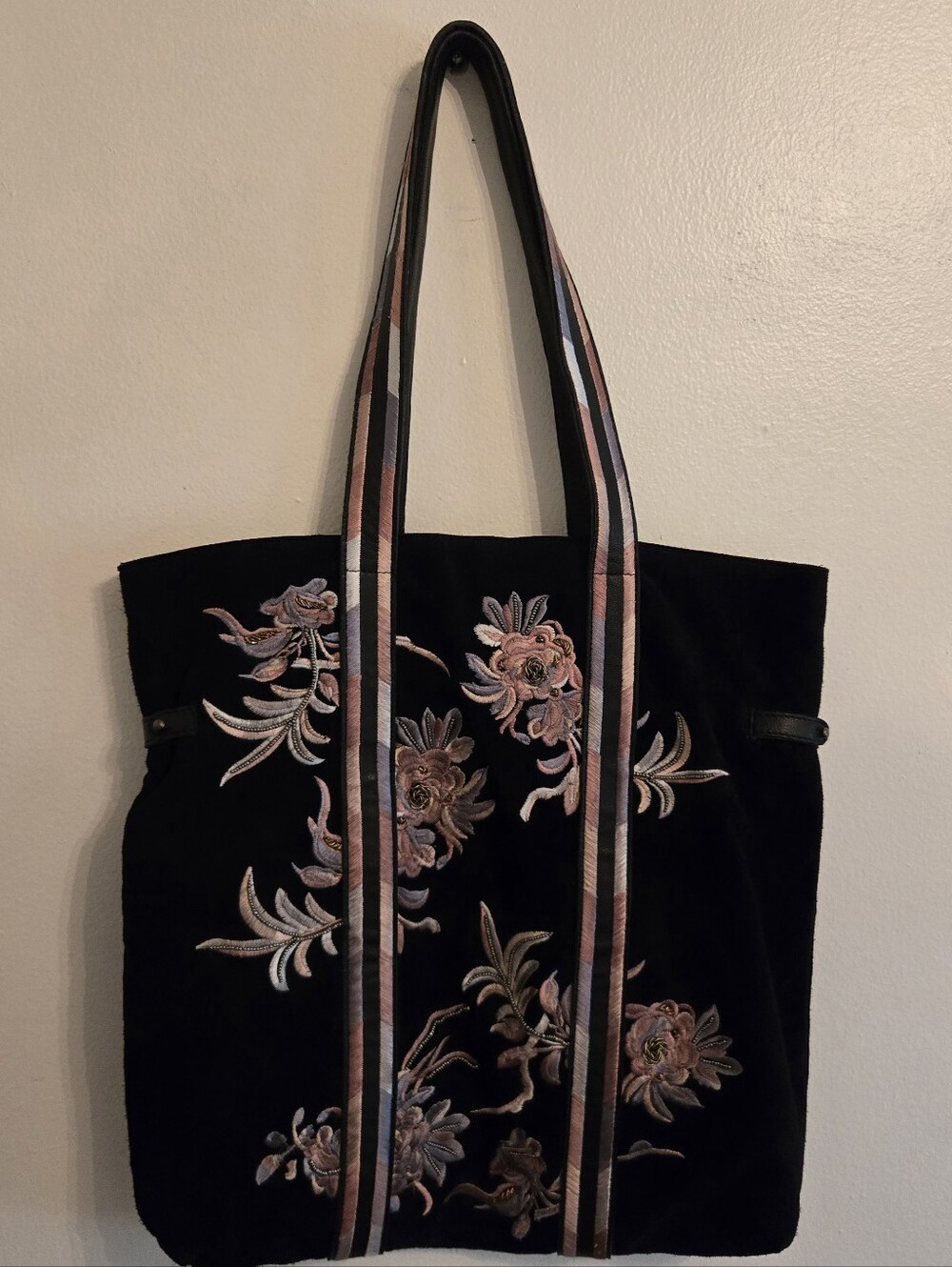 Free People Black Suede Embroidered Beaded Tote Bag Purse
